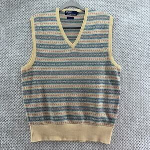 VTG Polo by Ralph Lauren Sweater Vest Men L Blue Fair Isle Cotton Knit V-Neck